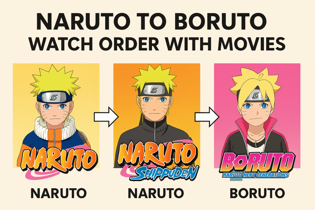 "Naruto to Boruto Watch Order Timeline with Movies – Complete Guide for Beginners" Naruto, Naruto Shippuden, and Boruto watch order timeline with movies banners.