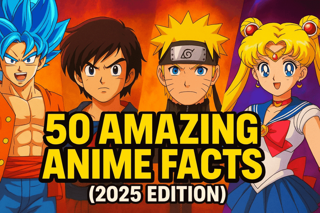 Colorful anime-inspired graphic featuring multiple characters with the title '50 Amazing Anime Facts You Probably Didn’t Know (2025 Edition)