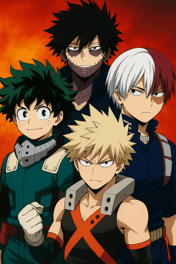My Hero Academia Season 8 characters Deku, Bakugo, Shoto, and All Might in final season 2025 preview