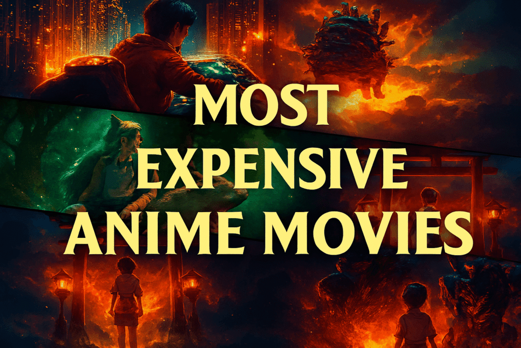 Cinematic collage poster featuring iconic scenes from the Most Expensive Anime Movies, including cyberpunk cityscapes, fantasy forests, spirit worlds, castles, and epic mecha battles.