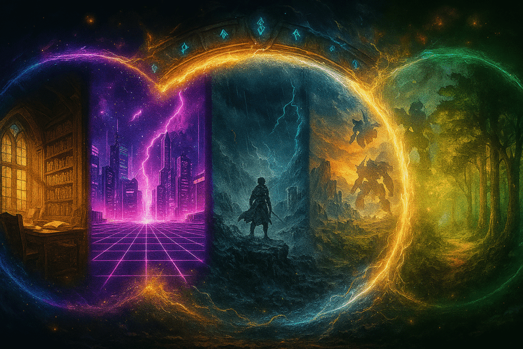 Fantasy portal spanning five Groundbreaking Isekai Anime worlds—Bookworm, No Game No Life, Re:Zero, Escaflowne, Mushoku Tensei