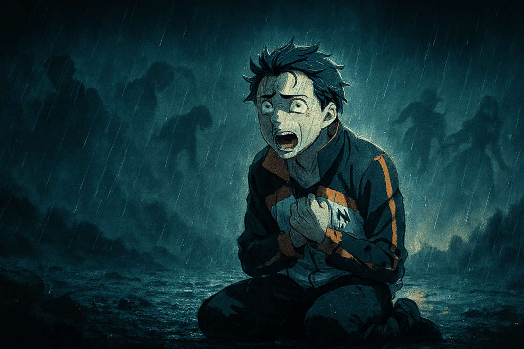 Subaru from Groundbreaking Isekai Anime Re:Zero kneeling in rain with ghostly echoes in stormy background