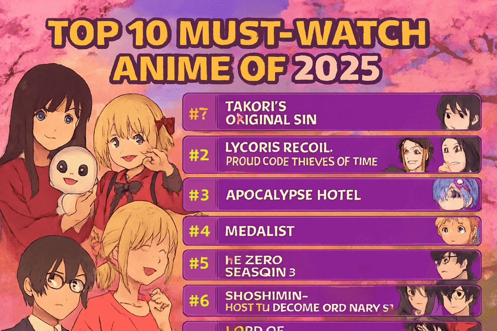 Collage of anime characters from Takopi’s Original Sin, Lycoris Recoil, Medalist, Re:Zero, and other top 10 anime must watch in 2025.