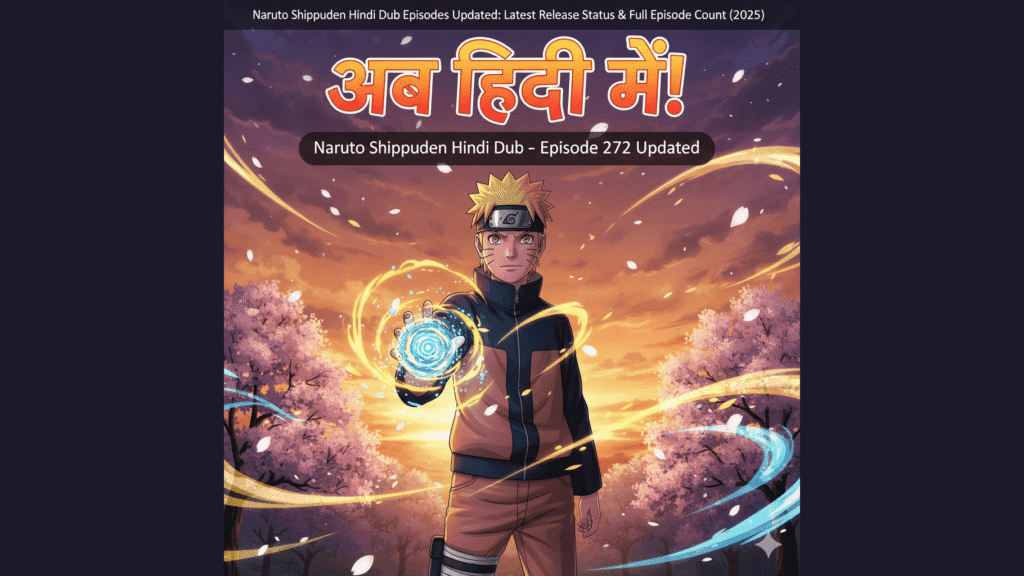 Naruto Shippuden Hindi Dub – Sage Mode Featured Image (2025) Naruto in Sage Mode with Rasengan under a sunset sky and cherry blossoms, featuring Hindi text “अब हिंदी में!” and subtitle “Naruto Shippuden Hindi Dub Episode 272 Updated”.