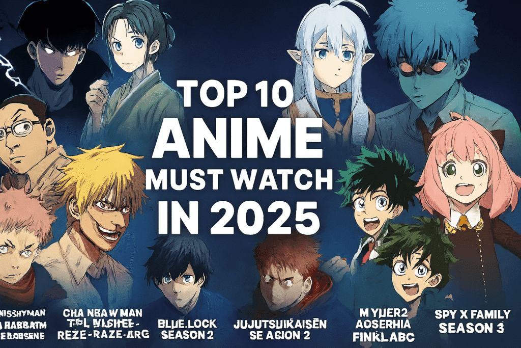 Top 10 Anime Must Watch in 2025" with bold white text centered on a dark gradient background. Surrounding the title are illustrated characters from each featured anime: Sakamoto Days shows a calm, bespectacled assassin holding a silenced pistol; Solo Leveling Season 2 features Sung Jin-Woo cloaked in shadow energy; Wind Breaker presents a fierce high school delinquent in a dynamic pose; Gachiakuta highlights a gritty protagonist in urban streetwear; Uma Musume: Cinderella Gray depicts a horse girl in racing gear mid-stride; Dr. Stone Season 4 includes Senku with his signature spiky hair and scientific tools; Ranma ½ Remake Season 2 shows Ranma in both male and female forms; To Your Eternity Season 3 features Fushi with a solemn expression; Kaiju No. 8 Season 2 displays Kafka in partial kaiju transformation; and Dan Da Dan adds a supernatural twist with glowing-eyed characters. Each character is labeled with their anime title, arranged in a balanced collage around the central text.