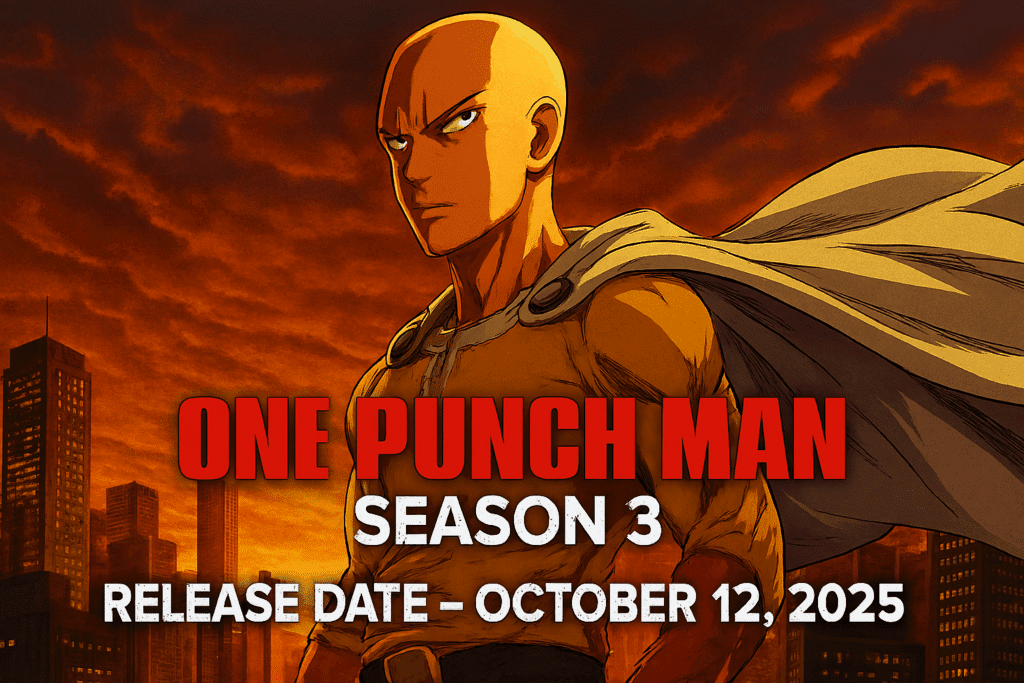 Saitama standing heroically with cityscape background and text overlay showing One Punch Man Season 3 release date October 12, 2025