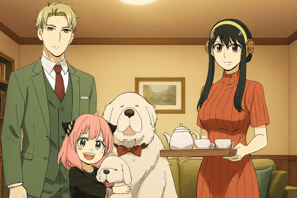 Spy x Family Season 3 – The Forger family smiling together in their cozy living room with Bond the dog
